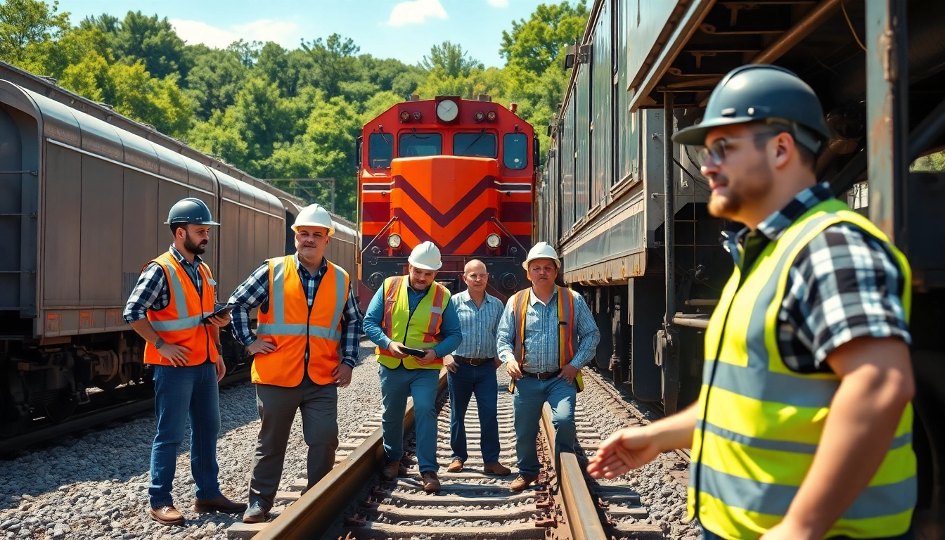 Railroad Contractors collaborating on a construction site with heavy machinery.