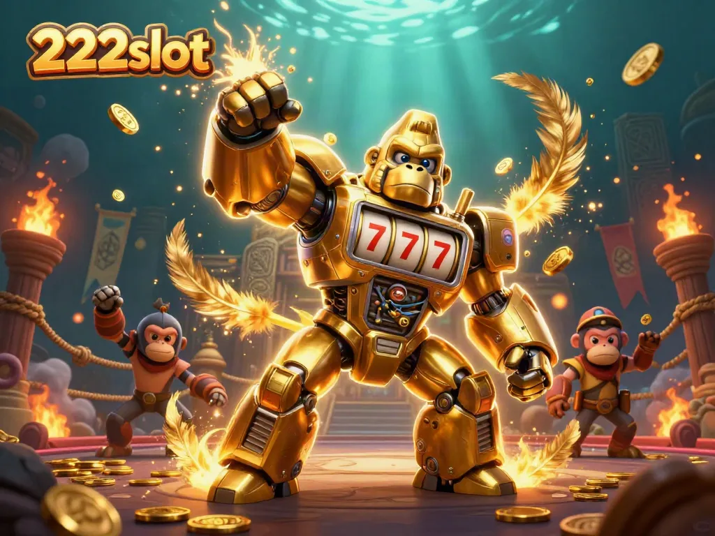 Slot 222slot menggabungkan mesin slot dan petarung gorila dalam ilustrasi 3D yang dinamis.