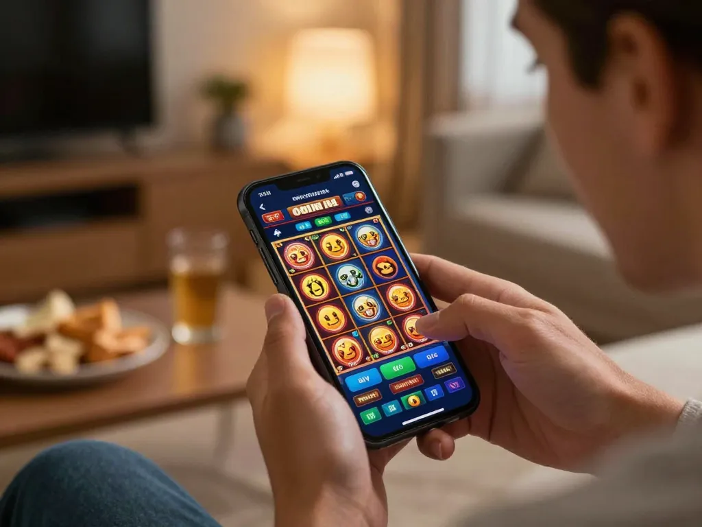 Engaged player enjoying slot kamboja bet 100 on mobile casino app in cozy home setting.