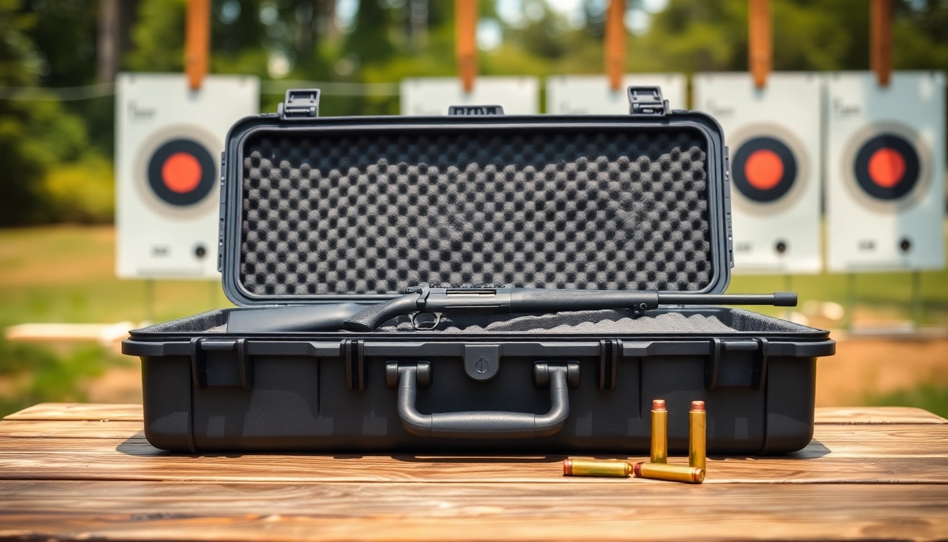 Secure and versatile pelican rifle case on a shooting range table showcasing its interior features.