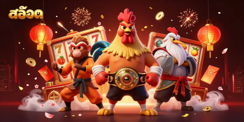 Engaging illustration of a fierce Muay Thai rooster with lucky slot symbols showcasing vibrant casino energy.