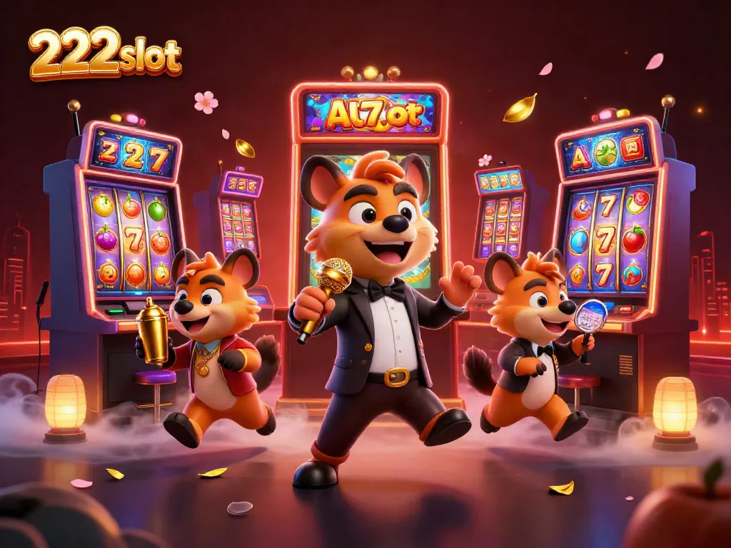 Gambarkan keasyikan bermain slot di 222slot dengan hyena lucu di klub kasino.