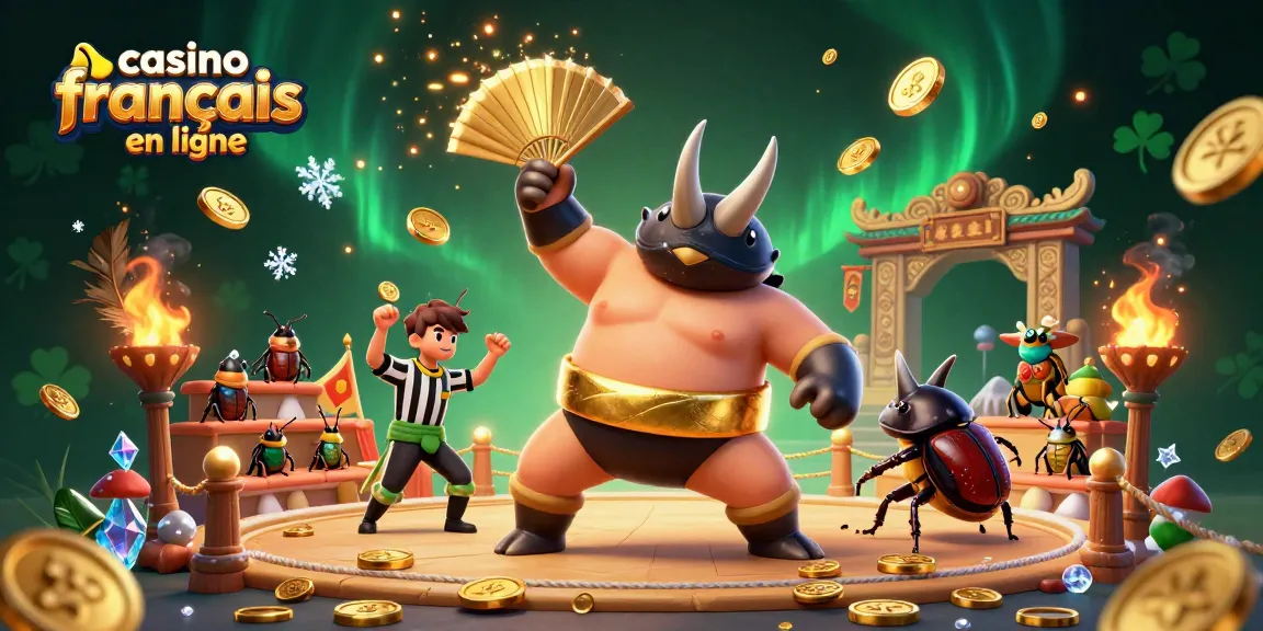 Vivez l'action au casino francais en ligne avec un combat de sumos entre scarabées et une ambiance de fête.