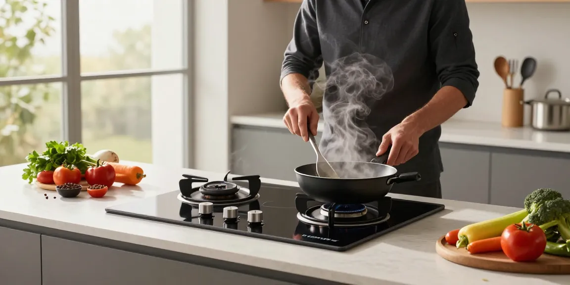 Cooking on a stylish extractor hob with fresh ingredients in a modern kitchen.