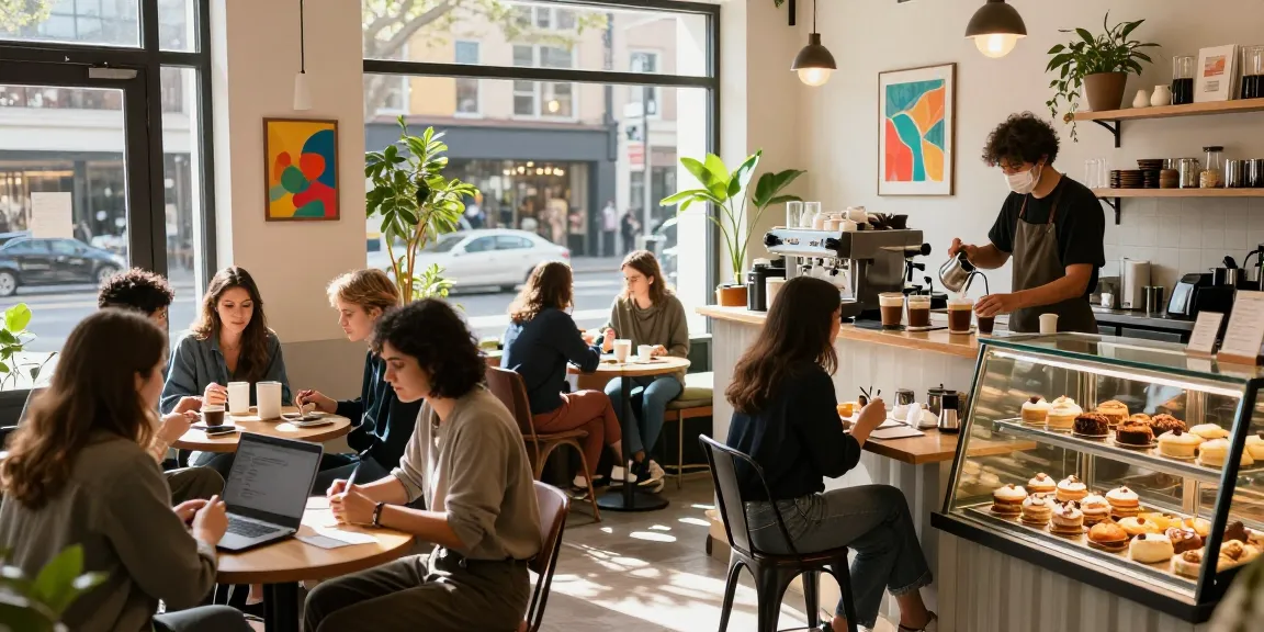 Cozy coffee shop scene showing barista preparing specialty coffee and guests enjoying the ambiance at https://forumup.org/shop/search.php?ca_id=&addr1=&addr2=&addr3=&schKeyword= with colorful decor an