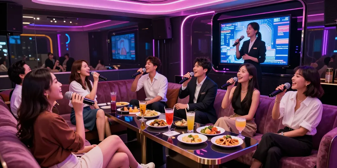 Experience the lively atmosphere of 강남가라오케 with friends enjoying premium services and private singing rooms.