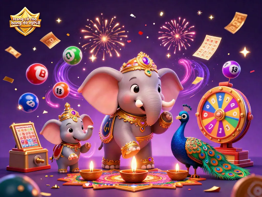 Các trang cá cược bóng đá uy tín với hình ảnh nổi bật của một con voi Diwali và những quả bóng sôi động.