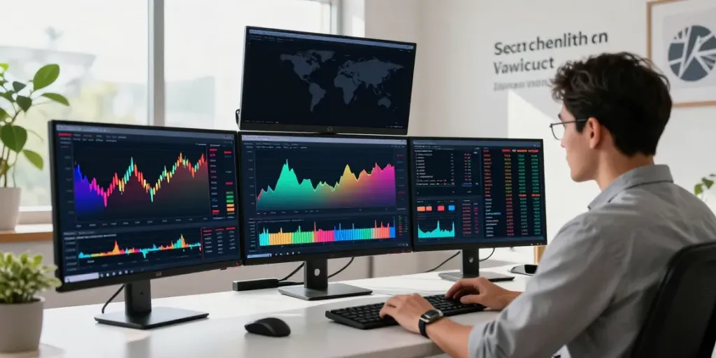 Analyst using TradingView in a dynamic trading space with multiple monitors showing market data.