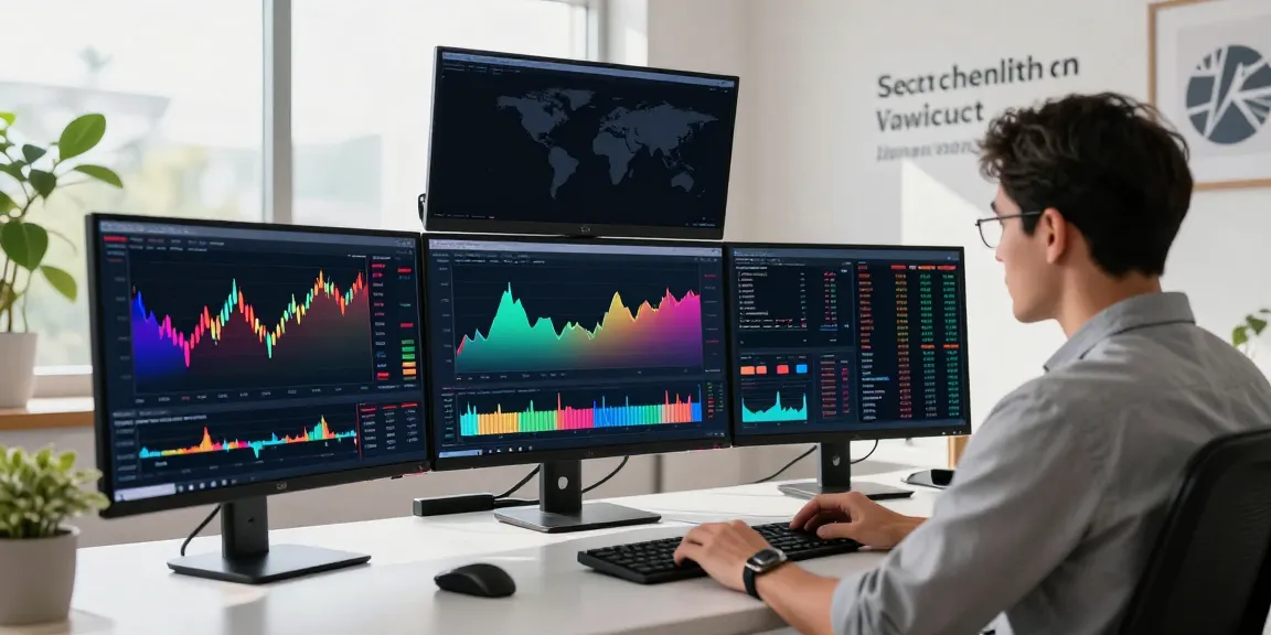 Analyst using TradingView in a dynamic trading space with multiple monitors showing market data.