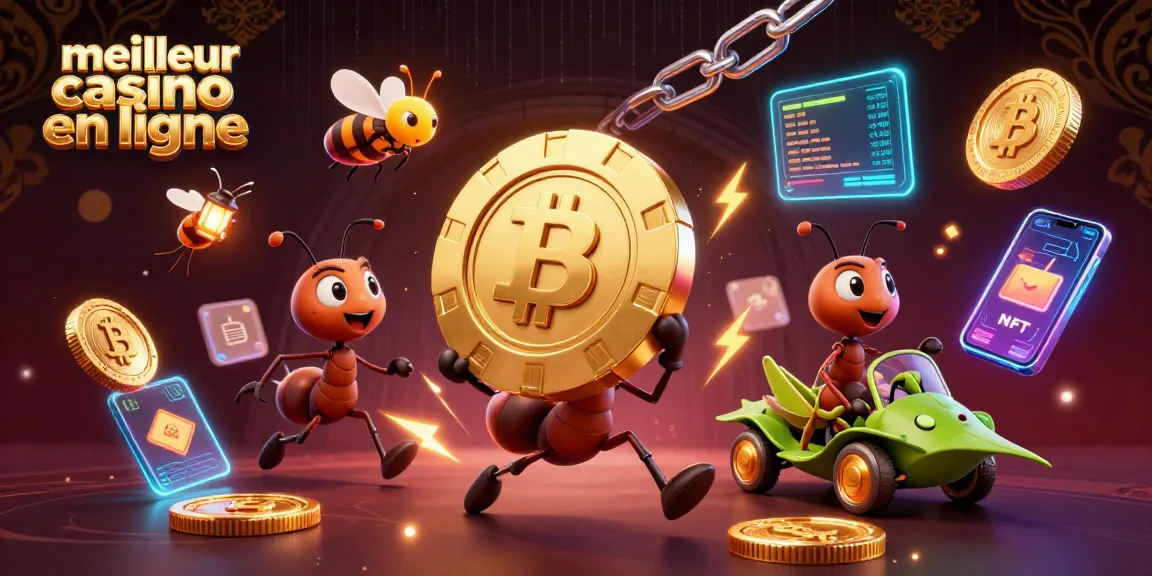 Le meilleur casino en ligne présente des fourmis 3D transportant un jeton de poker d'or, entourées de pièces de crypto.