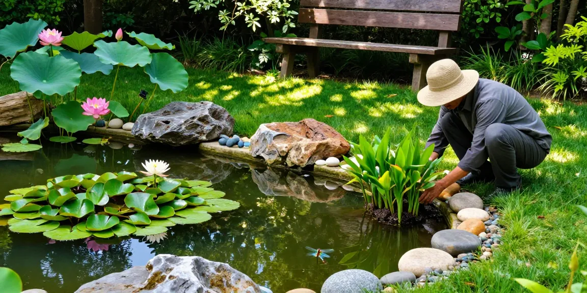 Pond Plants flourishing in a tranquil backyard pond garden scene during planting.