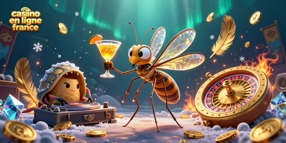 Plongez dans l'univers du meilleur casino en ligne France avec cette illustration captivante mettant en scène un moustique ambassadeur et des éléments de jeu.