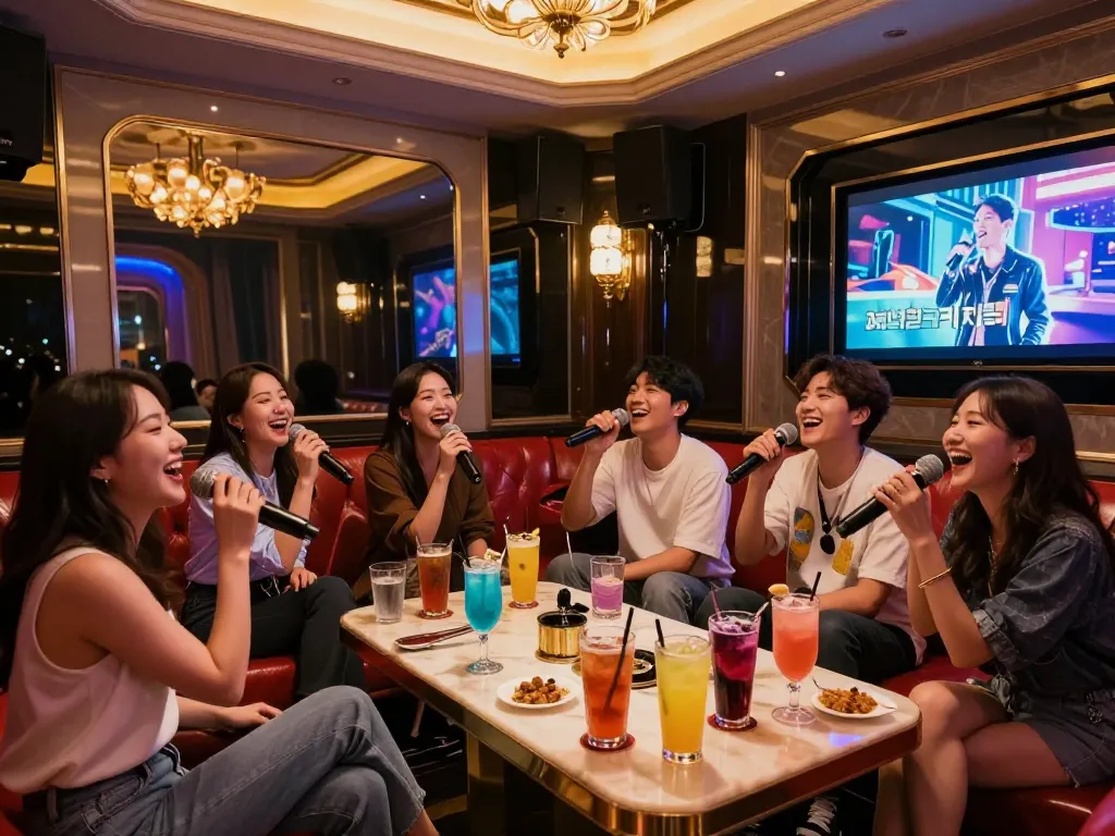 Friends enjoying the lively atmosphere at 강남가라오케 with premium drinks and neon lights