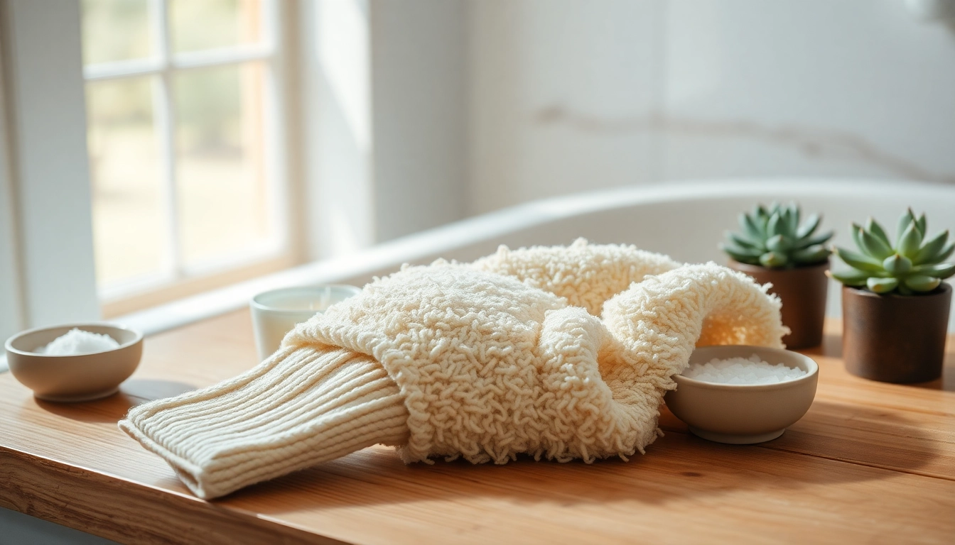 Exfoliating with a hand loofah glove on a natural wooden bath surface.