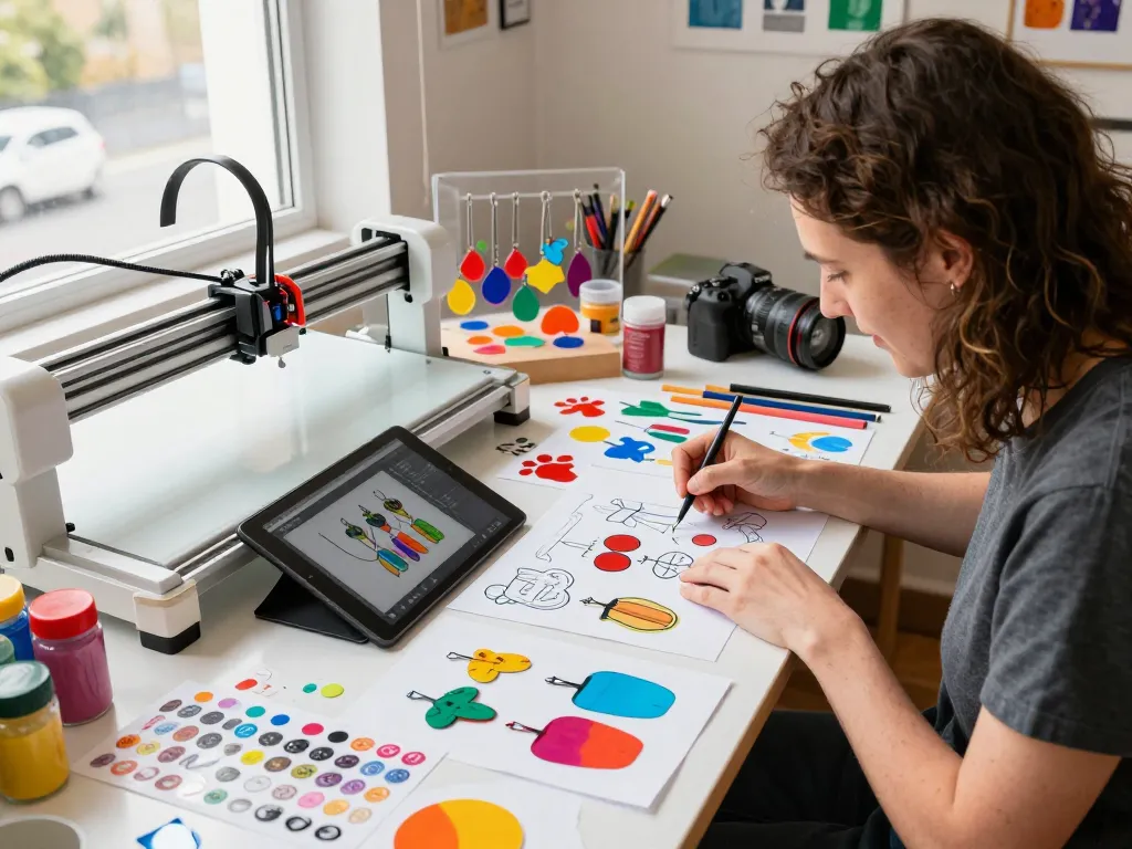 Creative workspace showcasing the process of designing acrylic charms with vibrant materials and tools in a bright atmosphere.