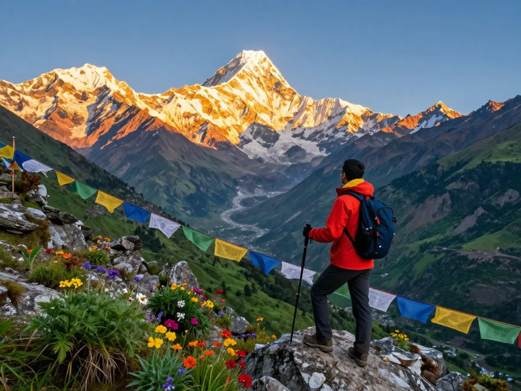 Annapurna Circuit trek at sunrise with traveler overlooking majestic mountains, vibrant scenery and adventure.