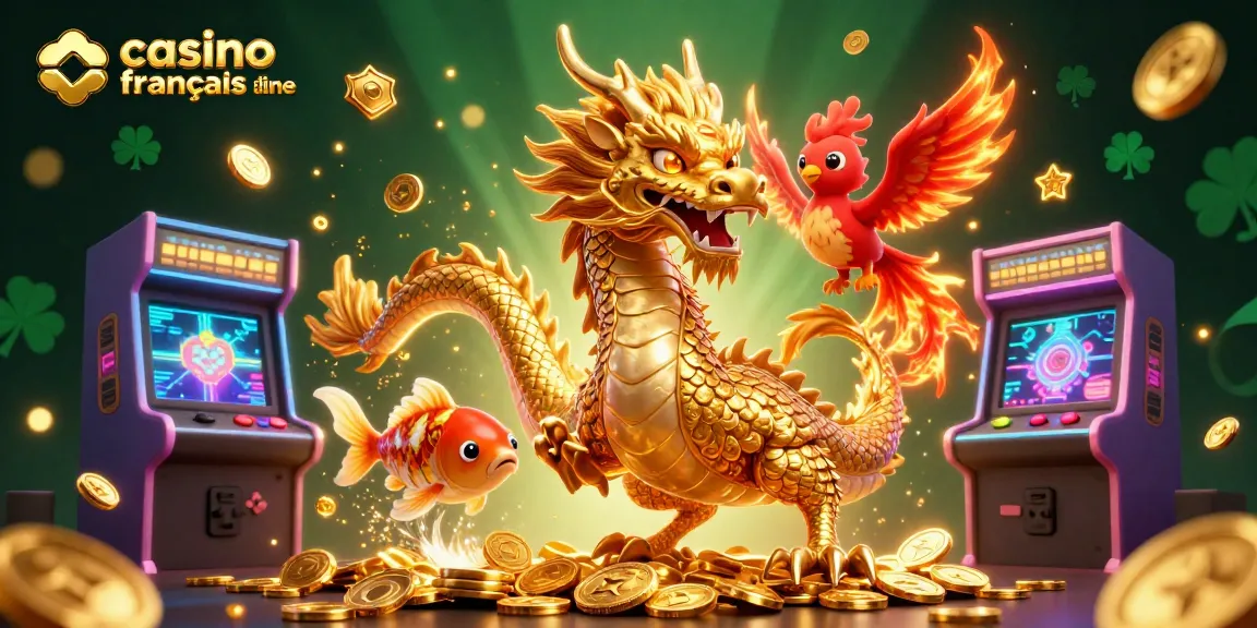 Découvrez une scène vibrante de casino francais en ligne avec un dragon chinois doré et un phoenix, le tout entouré d'éléments de jeu colorés.