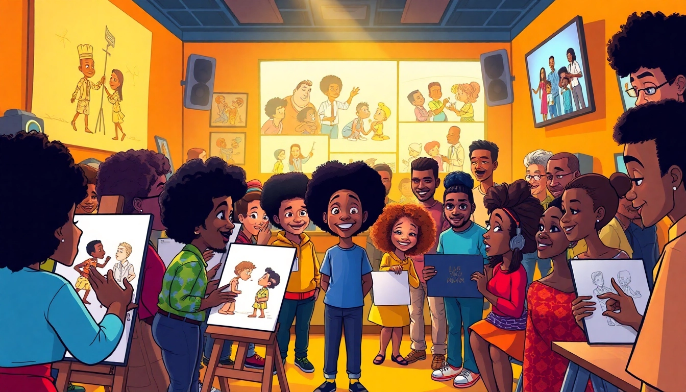 Diverse African American cartoons characters in a creative animation studio, celebrating the vibrancy of African American Cartoons.