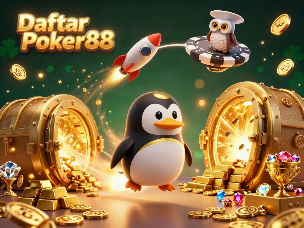 Experience Daftar Poker88 with a golden penguin racing to a poker-themed casino, capturing excitement and wealth.