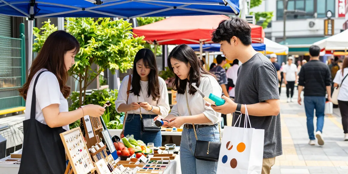 Diverse friends exploring local market in Seoul, showcasing unique products and vibrant atmosphere.