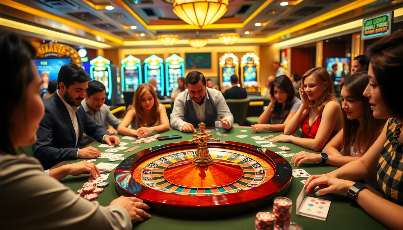 Players engage in a thrilling game at RR88 casino, surrounded by vibrant tables and exciting atmosphere.
