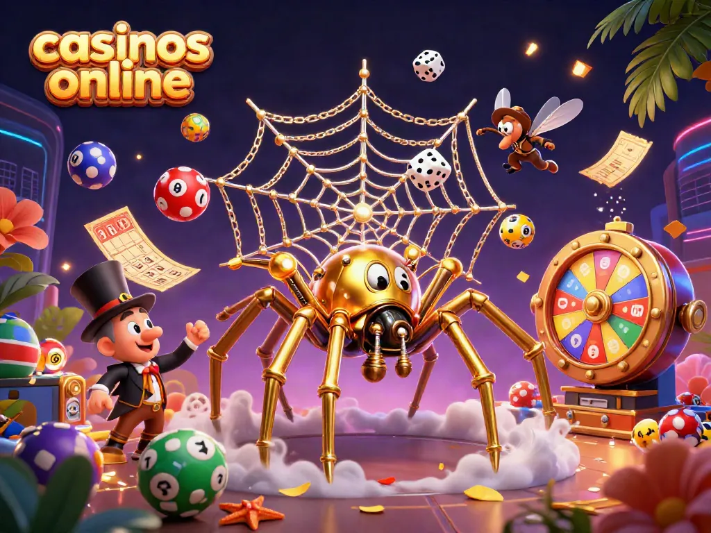 Captura la emoción de los casinos online con una araña dorada atrapando dados en su telaraña.
