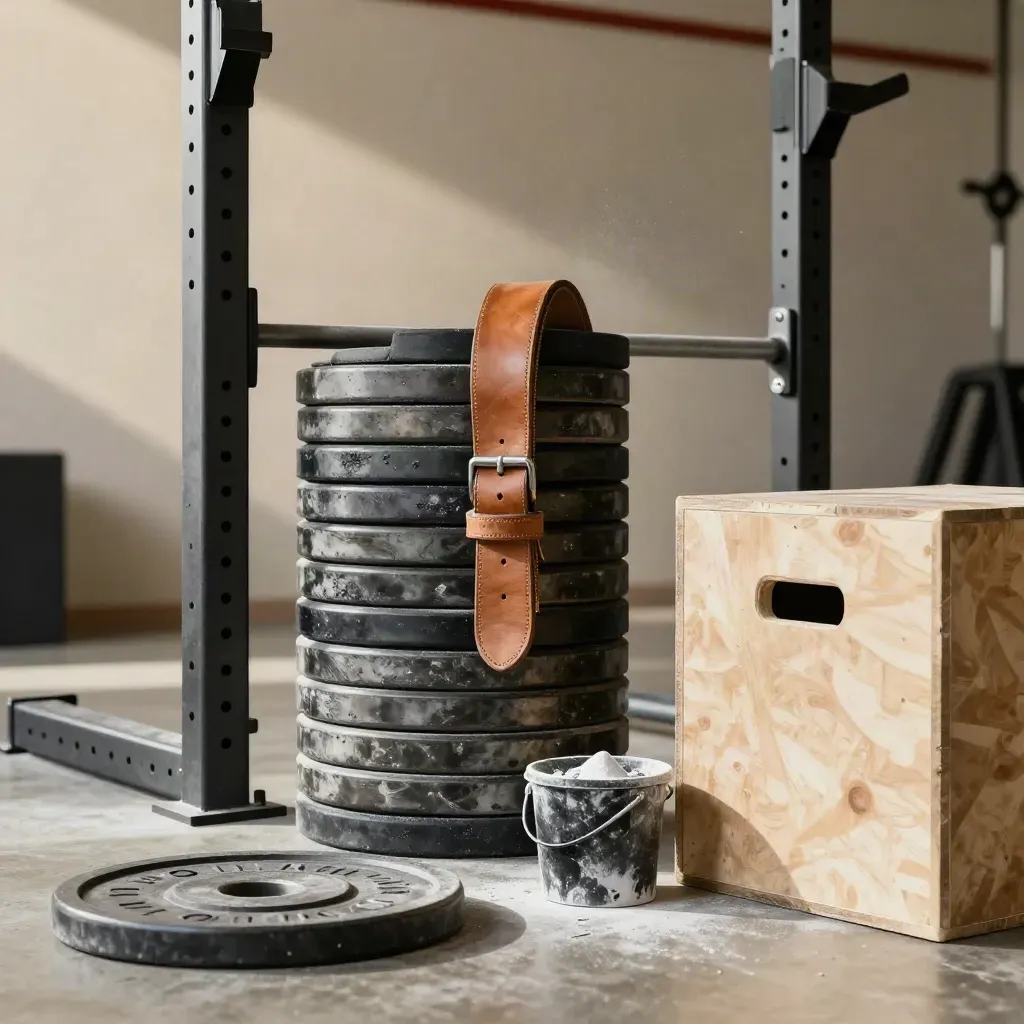 Loaded squat rack with iron plates, belt, chalk bucket and plyo box in a garage gym.