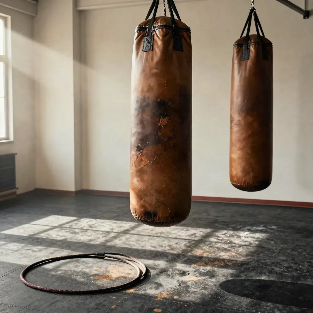 Heavy bag and training tools in a boxing studio lane with chalk haze and warm sunlight.