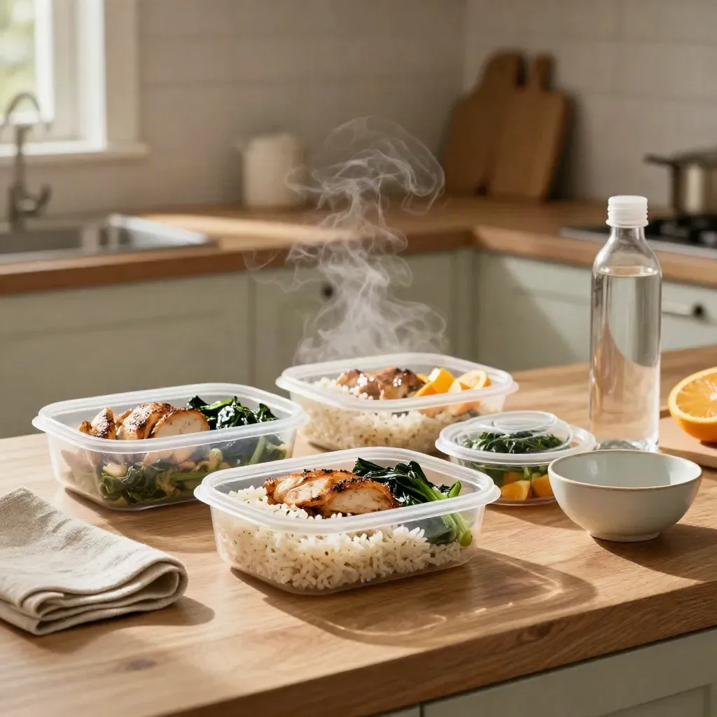Meal-prep containers of chicken, rice, greens, citrus and water on a warm kitchen counter with steam