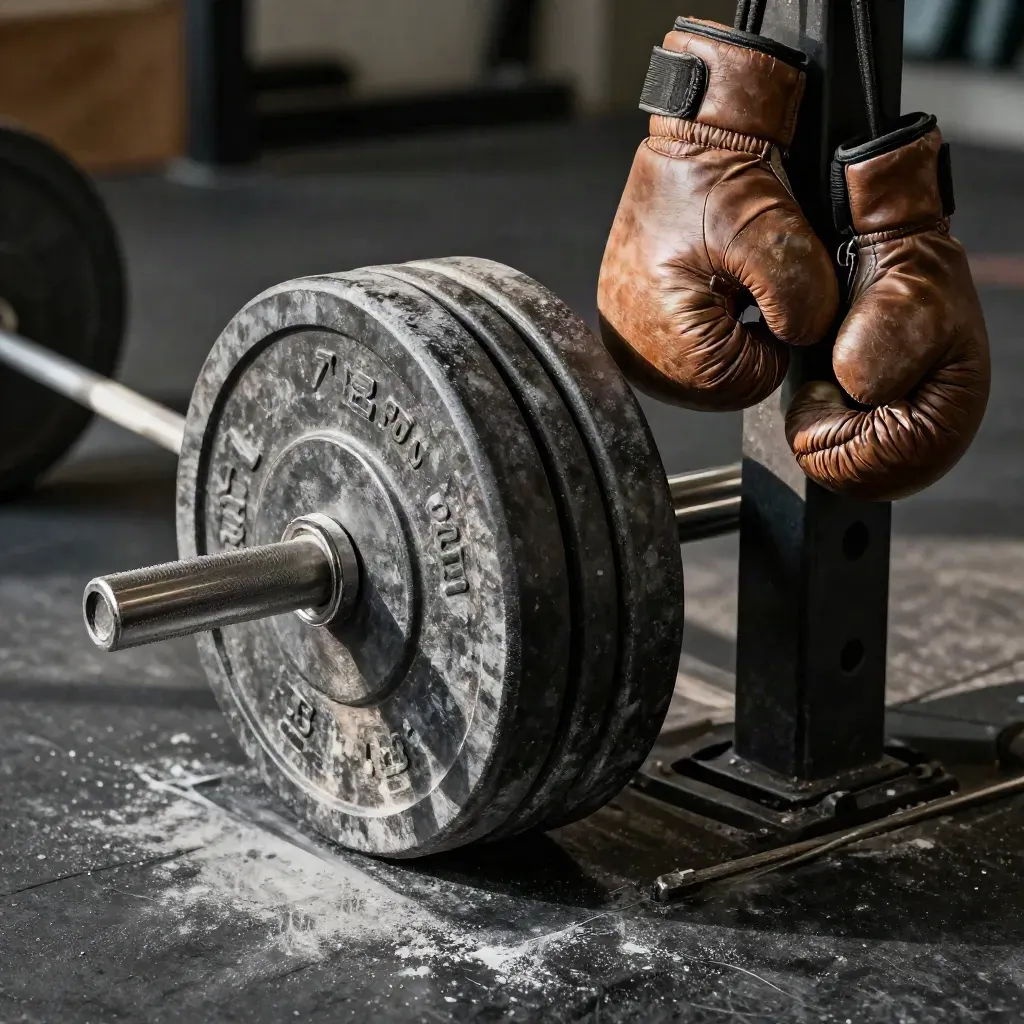 Close macro of a loaded barbell, chalk dust, plates and hanging boxing gloves on a gym rack.