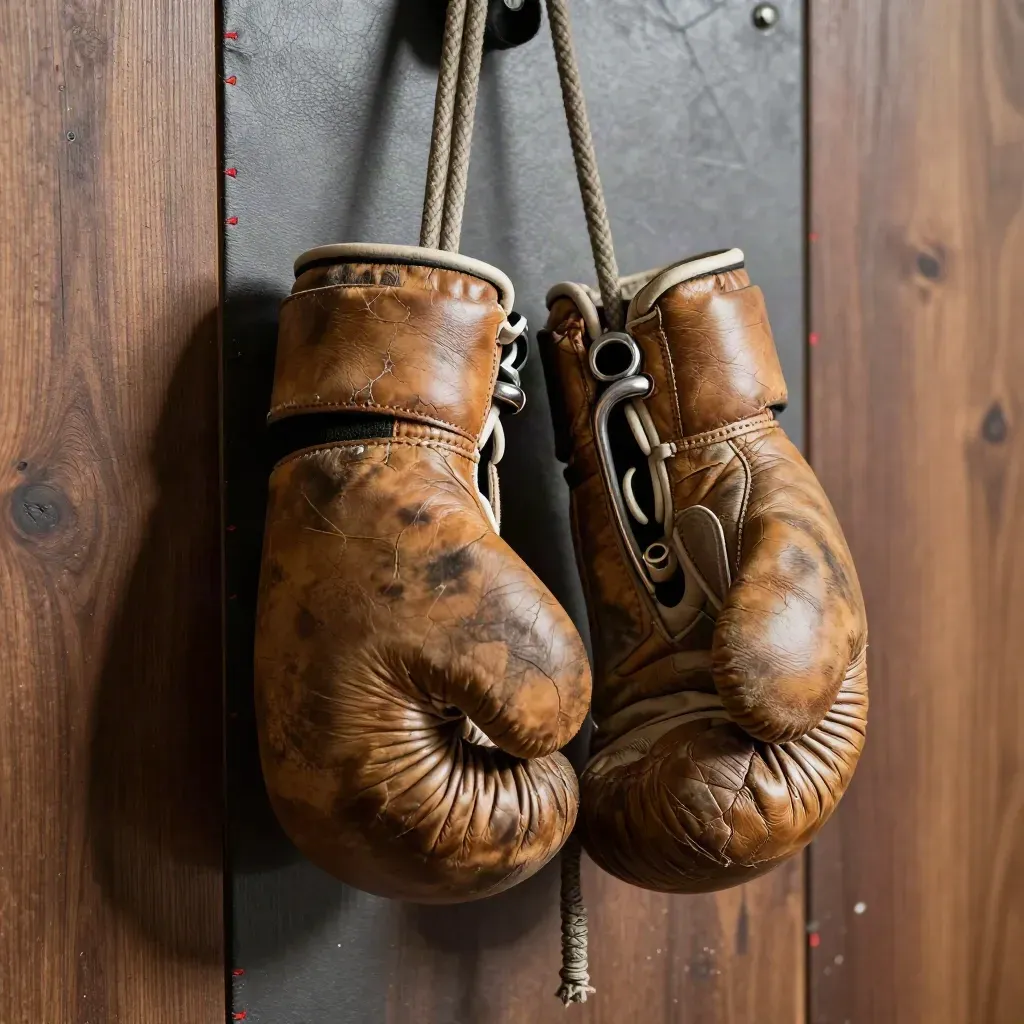Worn boxing mitts, rope knot, and swivel on a studio wall peg in dramatic macro close-up.