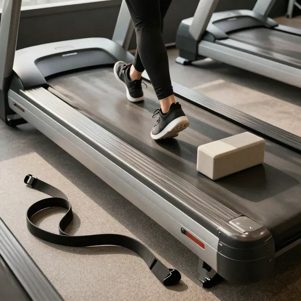 Cushioned treadmill lane with foam roller, mobility block and resistance band in a clean rehab room.
