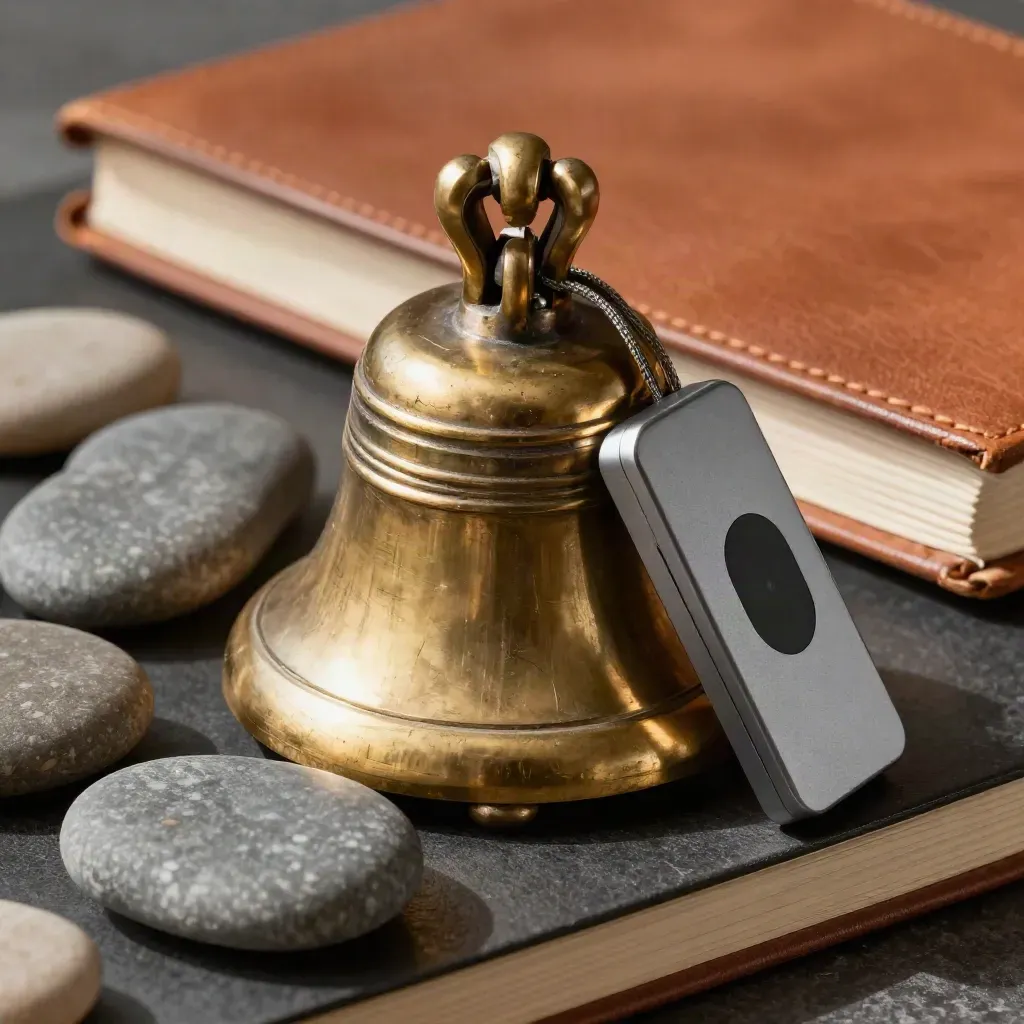 Brass bell, river stones, timer and leather journal on a dark shelf in dramatic side light