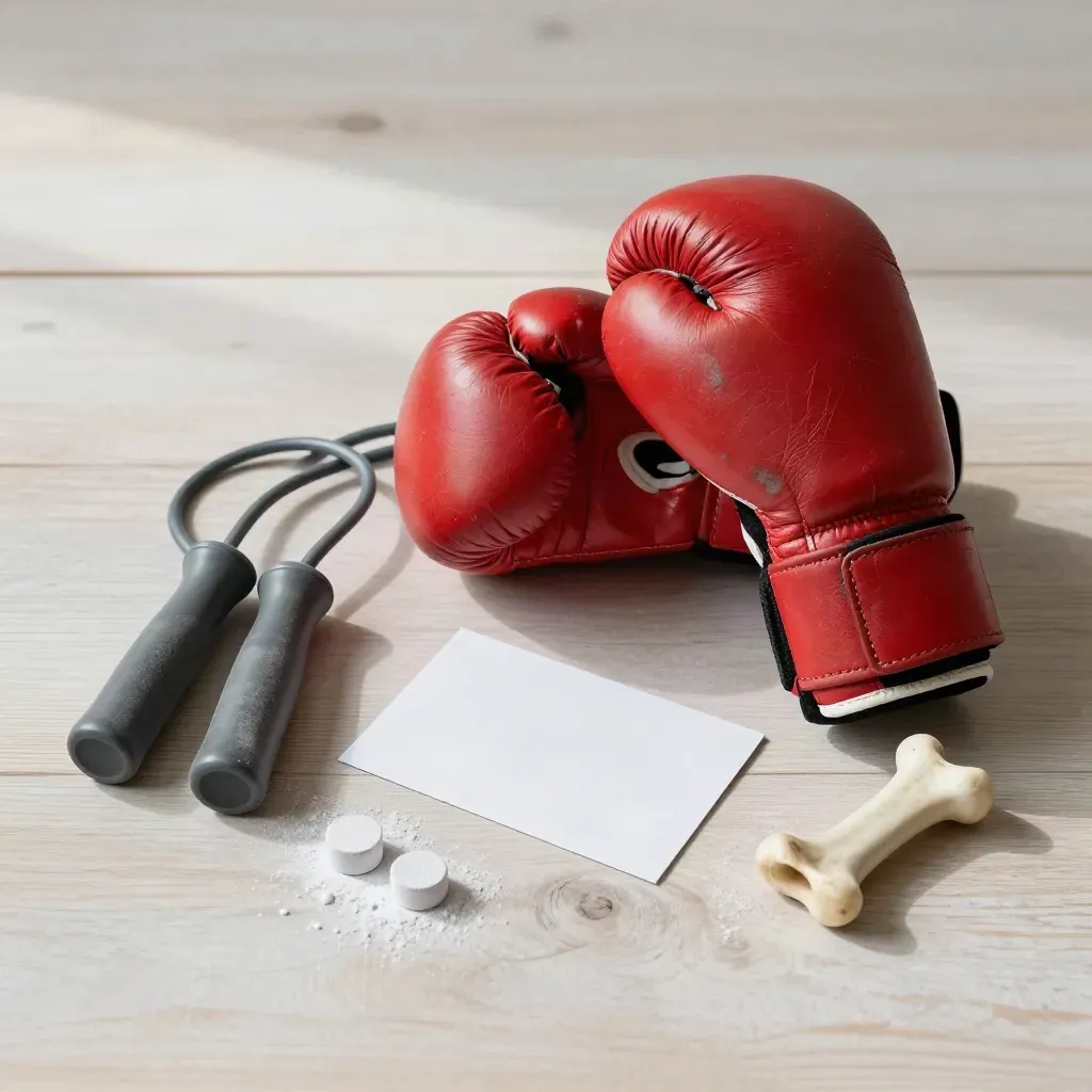 Worn boxing glove, jump rope, chalk circles and blank card on pale wood.