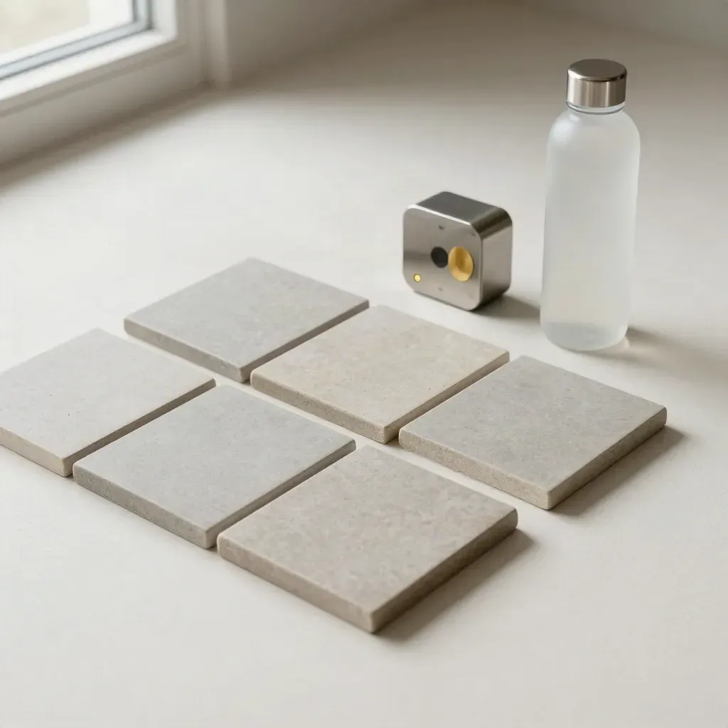 Seven training tiles, timer, and hydration bottle on a plaster sweep