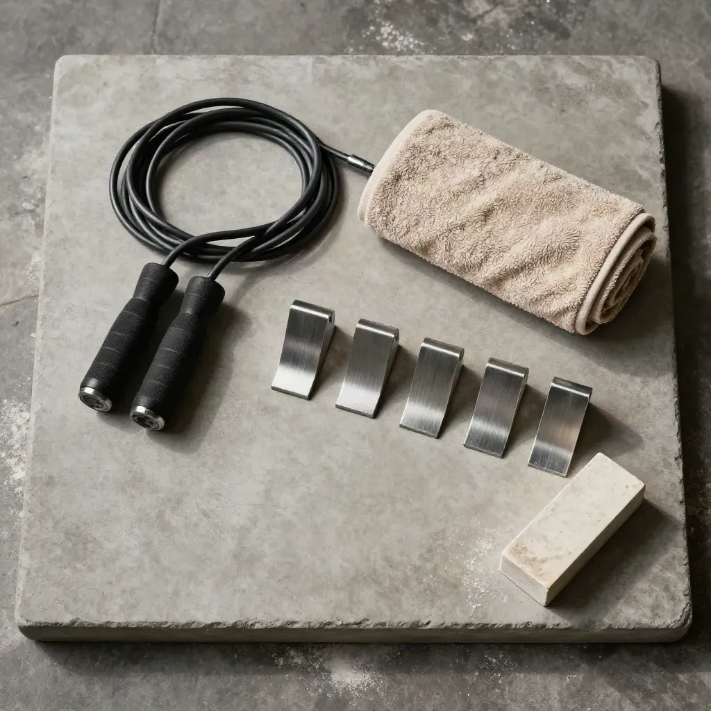 Overhead flatlay of jump rope, towel, steel markers and chalk on stone.