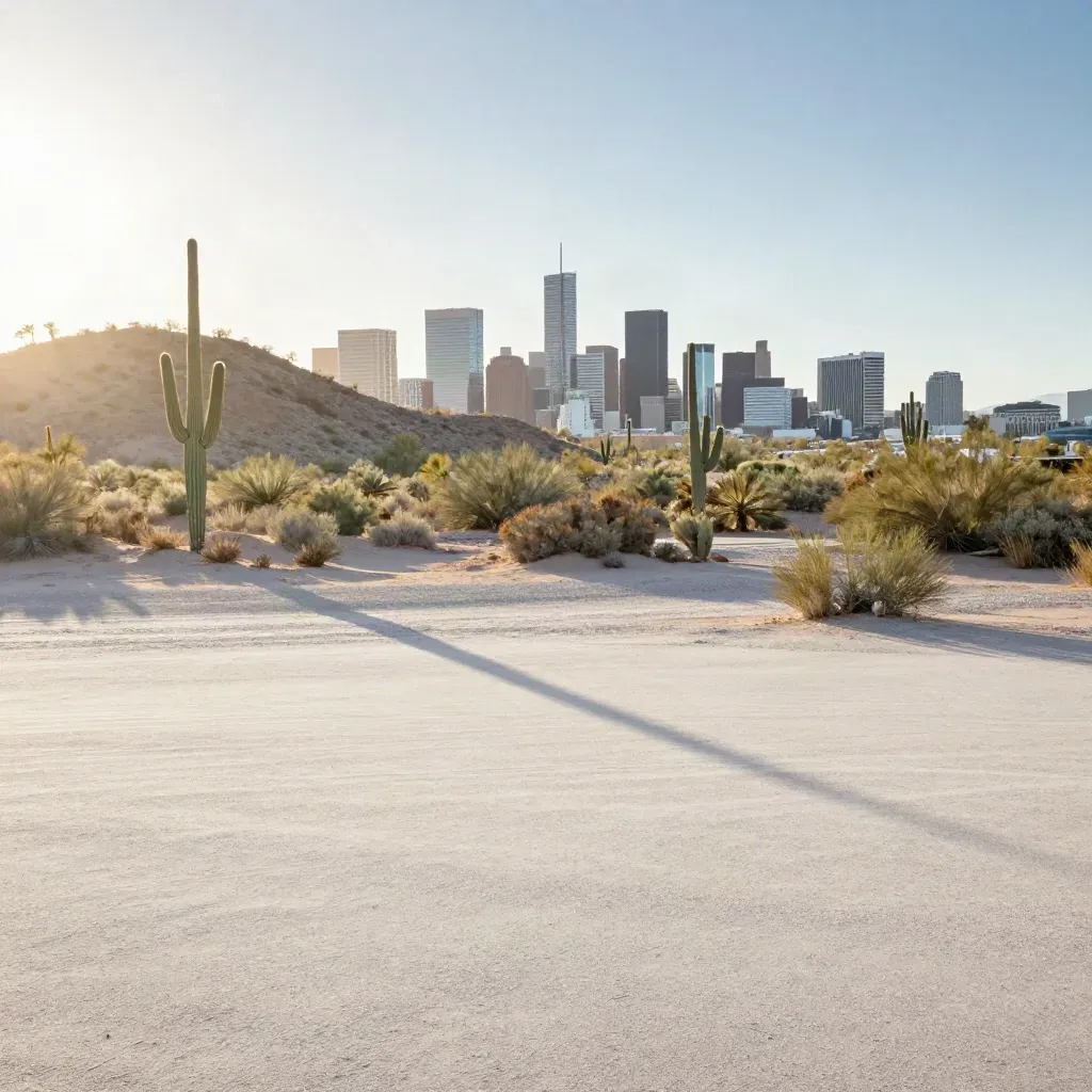 Phoenix Metro skyline above saguaro foothills and a calm desert wash at sunrise