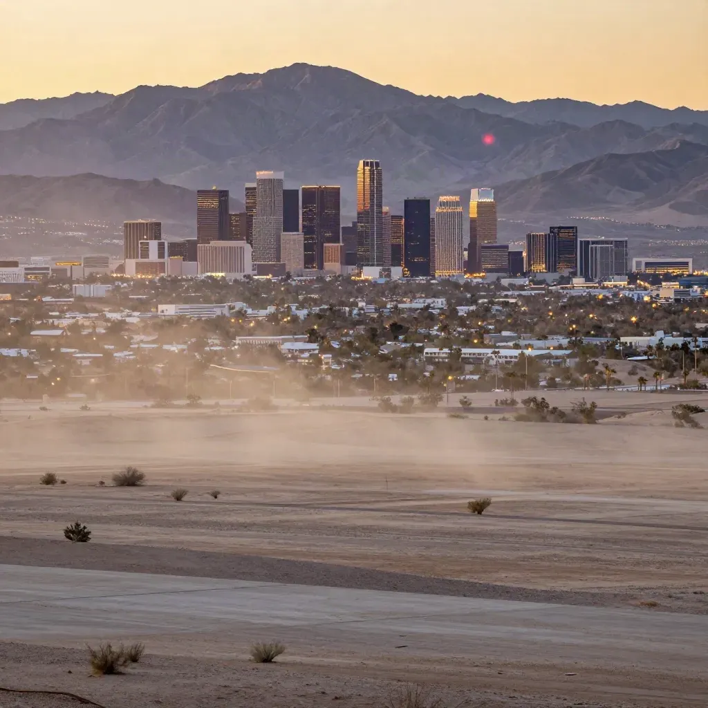 Las Vegas Valley at amber dusk with mountains, skyline, and calm desert basin