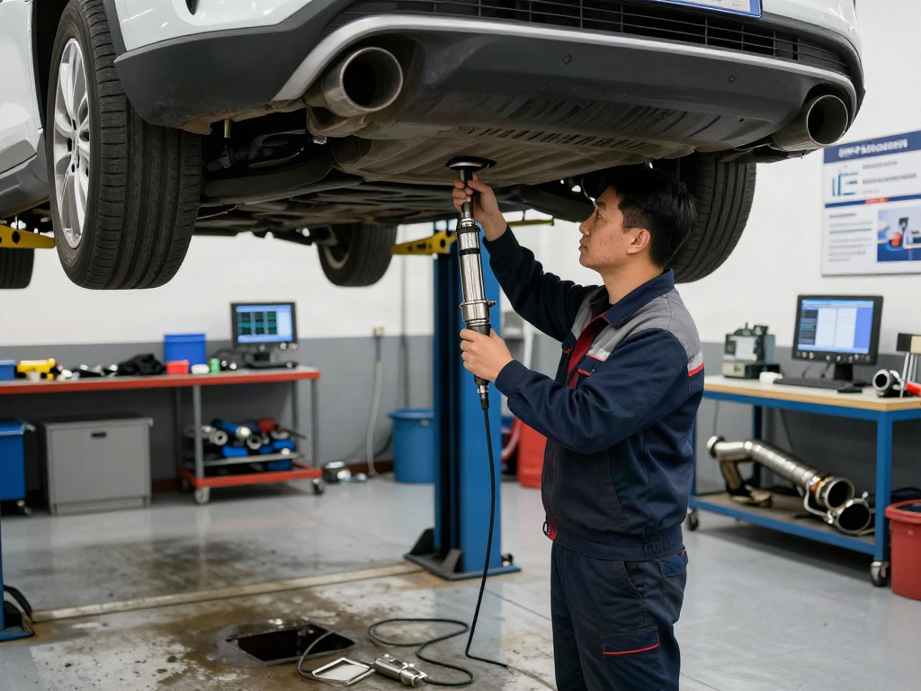 Techniker bei der DPF-Regeneration in einer Werkstatt mit modernen Werkzeugen und Ausrüstung.