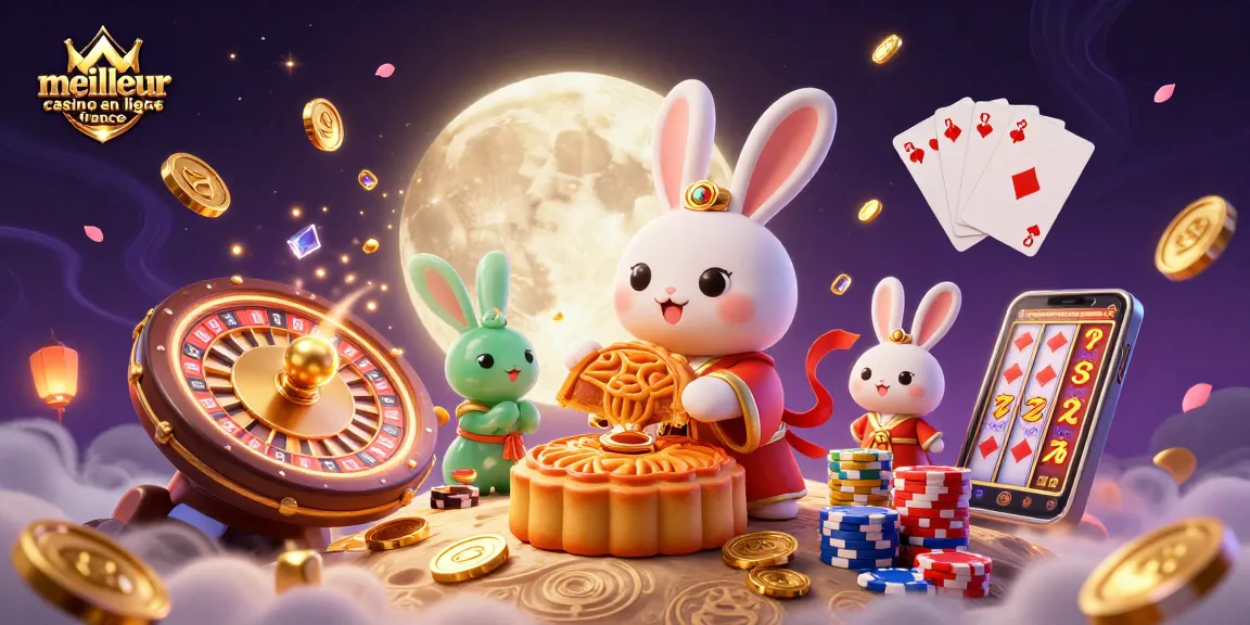 Illustration 3D d'un casino avec le meilleur casino en ligne France, mettant en scène un lapin sur la lune.