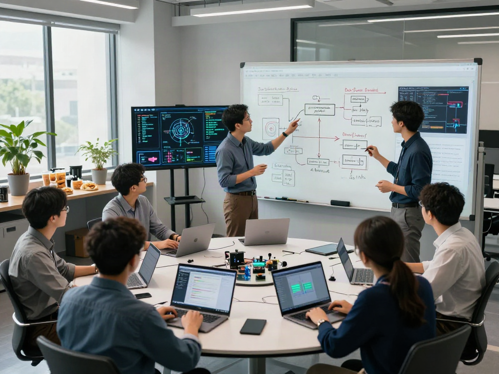 Group of engineers and data scientists collaborating on 18+ ai projects in a vibrant modern tech lab.