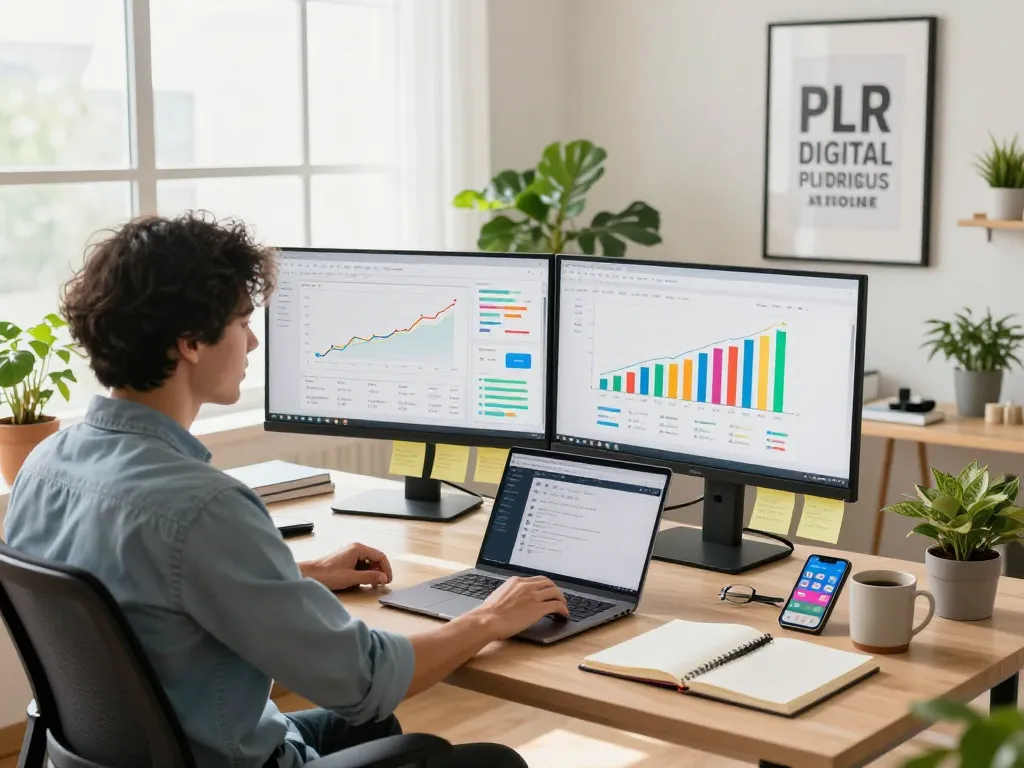 Buy PLR Digital Products in a vibrant e-commerce workspace, showcasing entrepreneur analyzing data-driven insights.