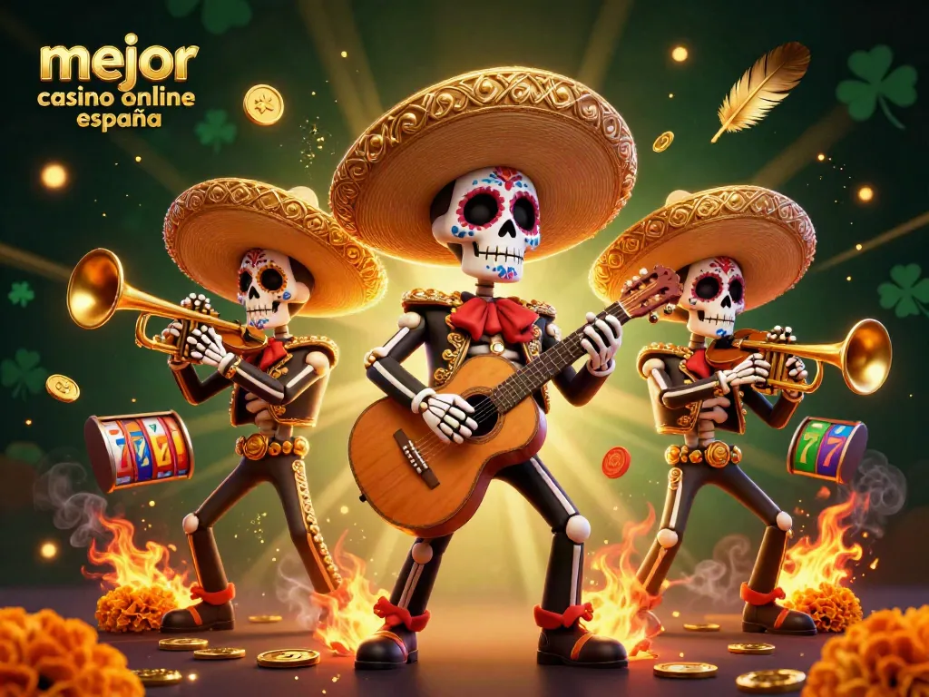 Ilustración 3D de un mariachi esquelético en un casino, destacando el mejor casino online España.