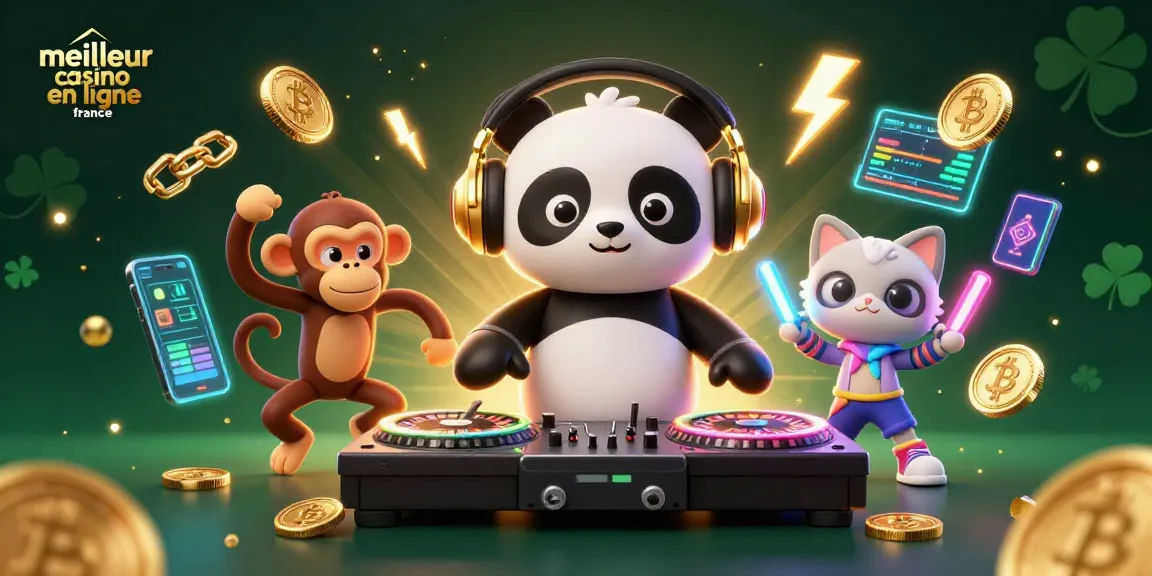 Profitez de l'animation festive d'un DJ panda dans le meilleur casino en ligne France, entouré de pièces crypto.