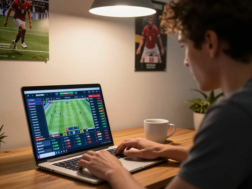 Engaged in sports betting on SIGAPBET from the comfort of home using a laptop with current betting odds visible.