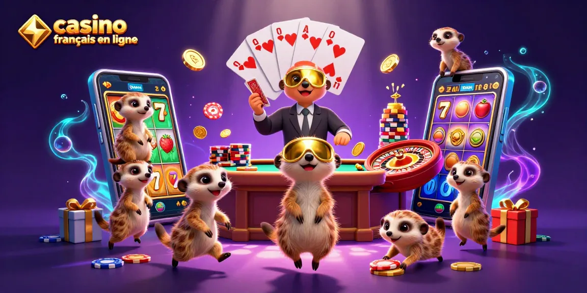 Casino français en ligne : Découvrez des suricates animant un casino dans une scène dynamique et colorée.