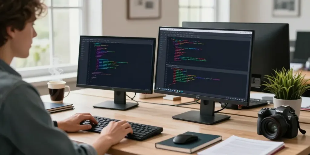 Software developer using Notepad++ at a modern workspace, showcasing coding productivity.