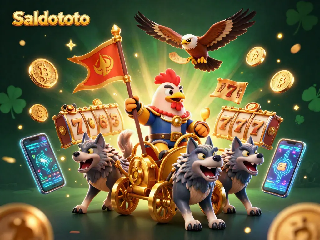 Saldototo mendorong petualangan judi dengan simbol slot, koin crypto, dan suasana kemenangan.