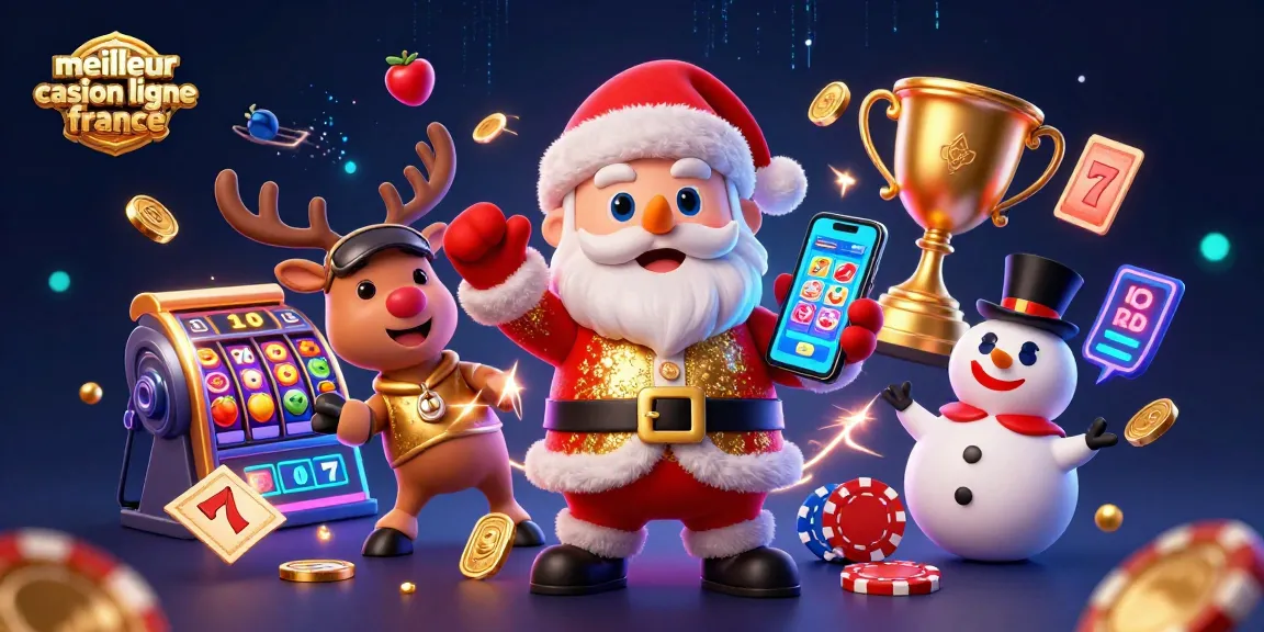 Image illustrant le meilleur casino en ligne France avec des icônes de machines à sous, des gains et des personnages festifs
