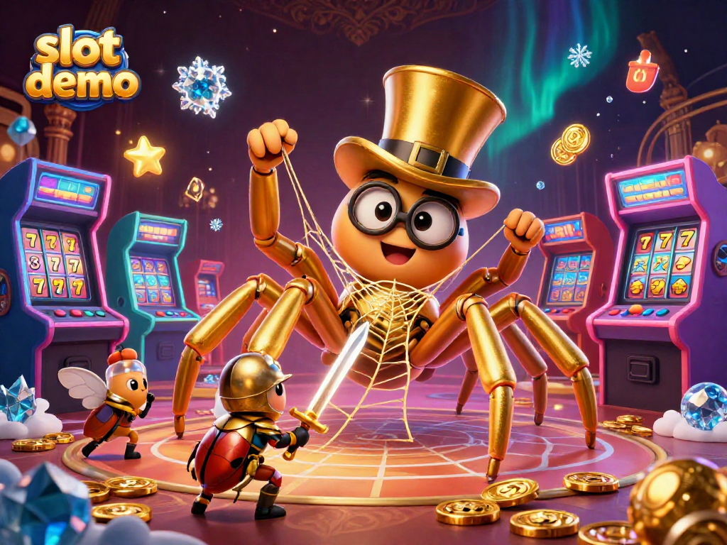Jelajahi slot demo dengan tarantula emas dan kesatria beetle berani, semua di tengah kasino yang megah.
